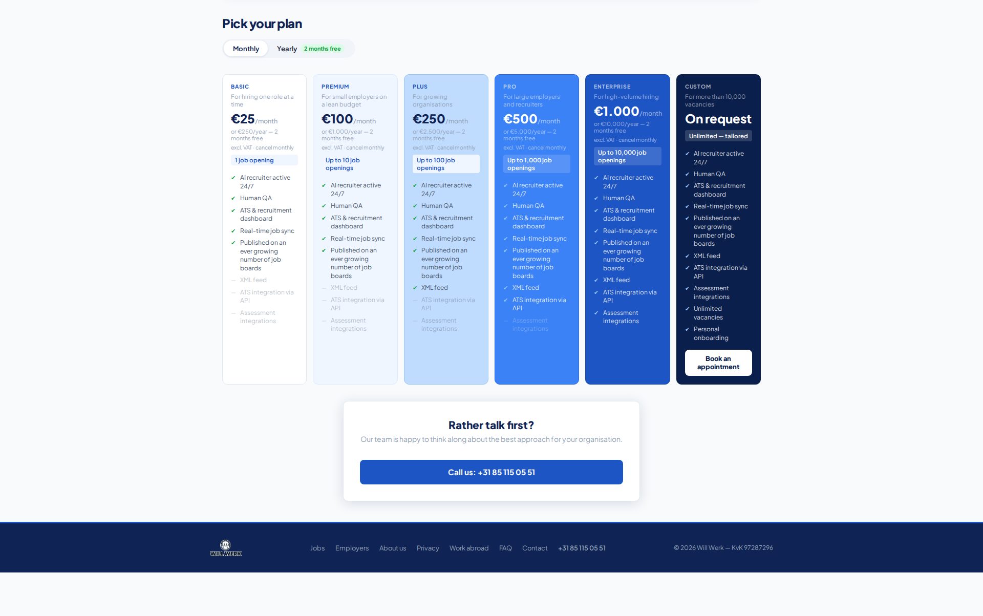The plans on the homepage, with the switch between monthly and yearly.